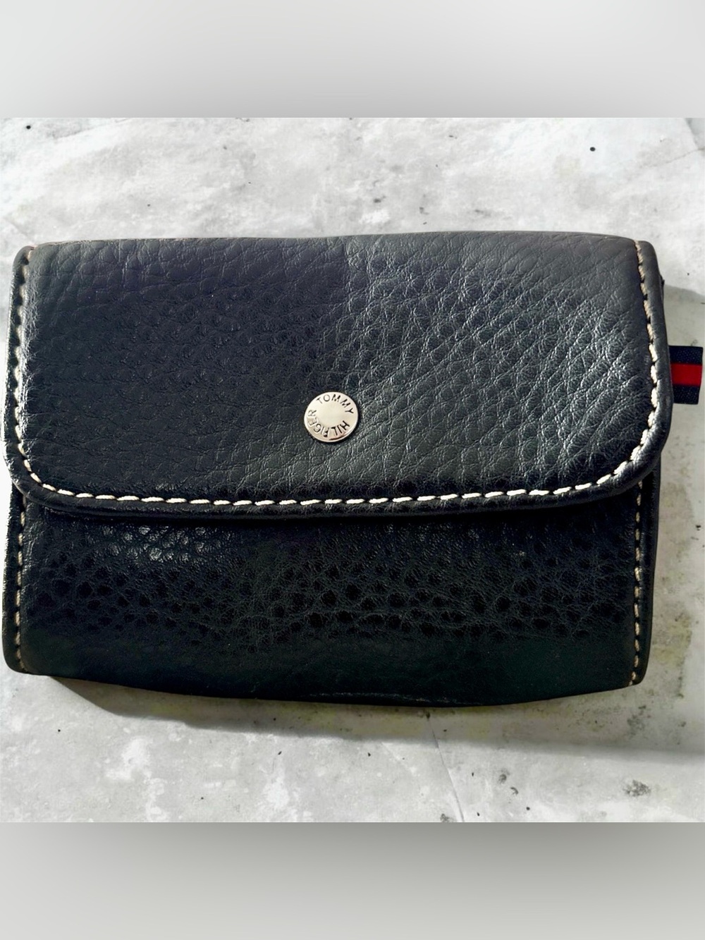 TOMMY HILFIGER Black Pebbled Leather Mini Pouch with White Stitching